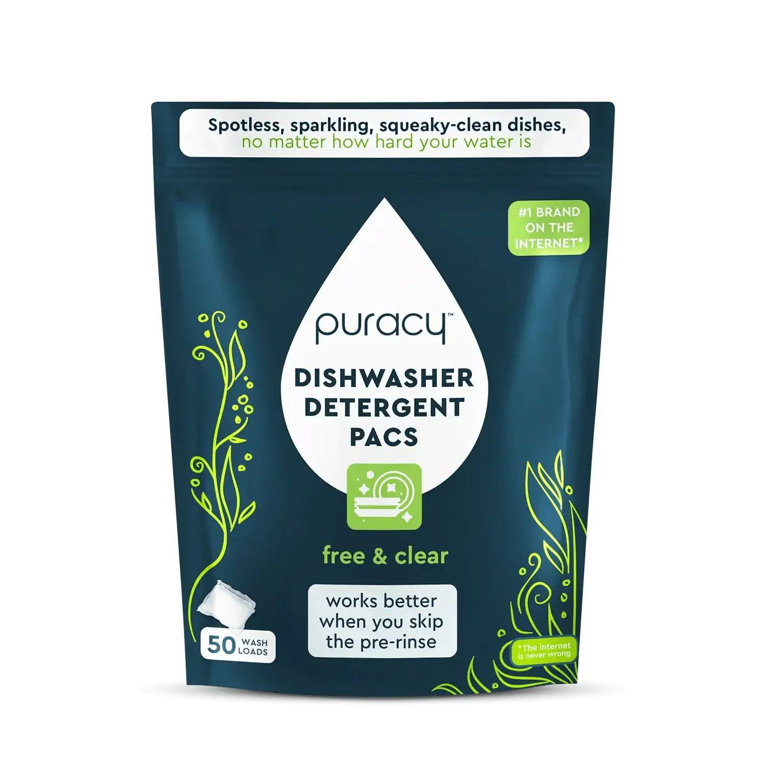 Puracy dishwasher detergent pacs packaging on a white background