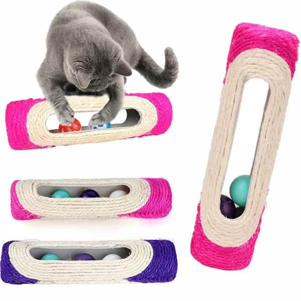 cat playing with textured tube with balls inside.