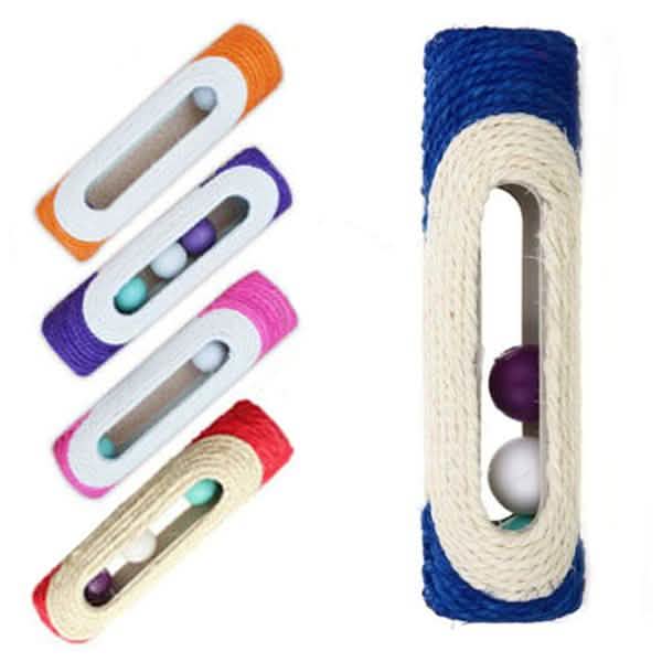 Set of colorful cat toys with a central blue toy featuring a ball inside.
