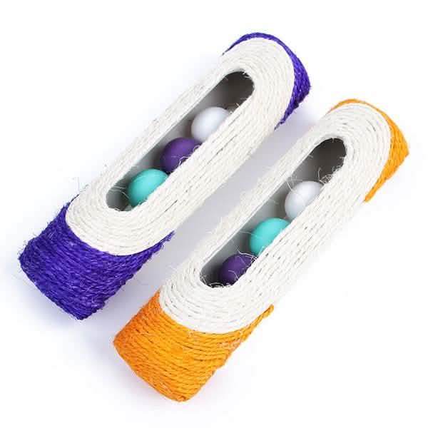 Two cylindrical cat toys with colorful strings and beads on a white background
