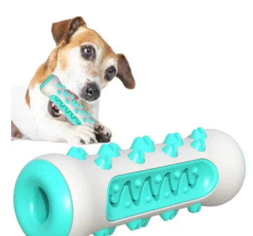 blue and white dog chew toy with dog