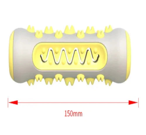 Dog toy with yellow spikes and a spring mechanism, shown with a measurement of 150mm.