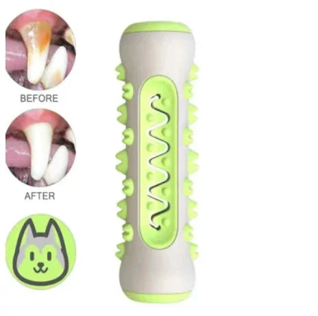 Dog toothbrush with before and after images of teeth and a green dog icon on a white background.