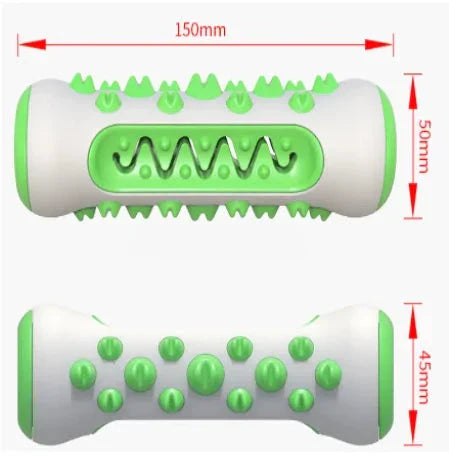 green and white dog chew toy with measurements