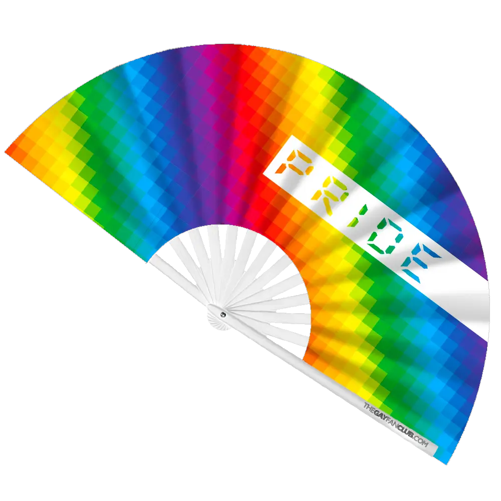 Rainbow-colored fan with 'Pride' text on a white background