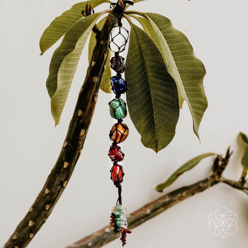 Colorful beaded hanging ornament on a branch with green leaves