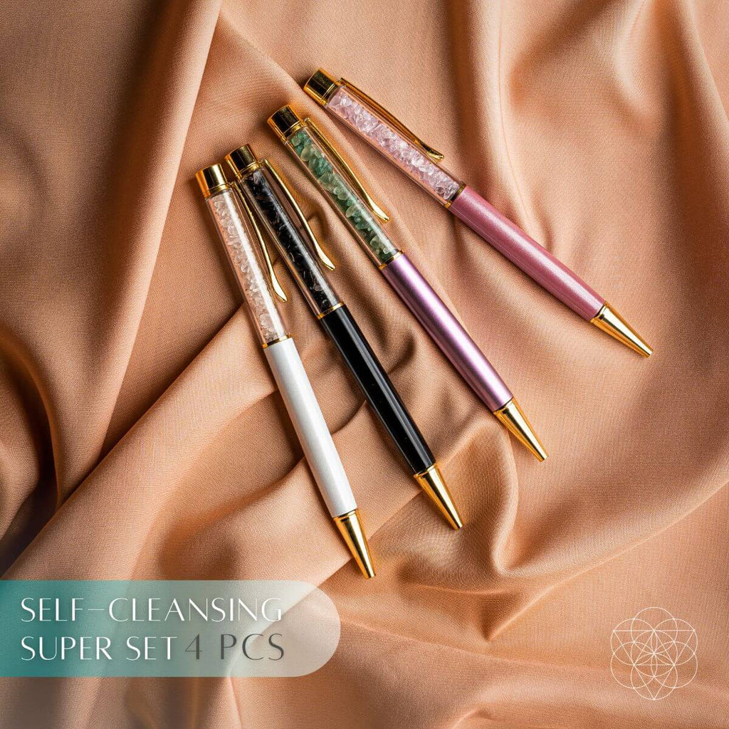 Set of four decorative pens on a beige fabric background with text 'Self-Cleansing Super Set 4 PCS'.