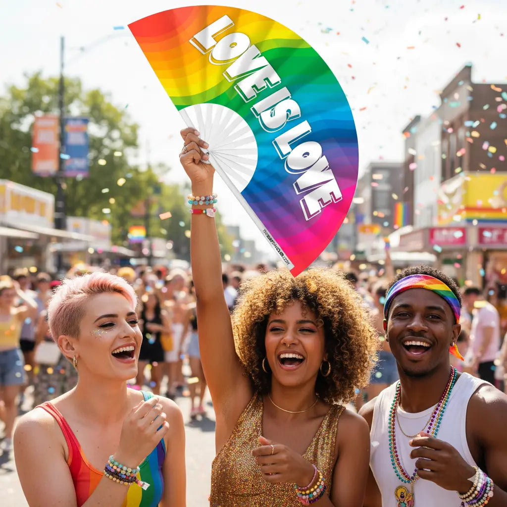 Three people celebrating at a Pride parade with a rainbow 'Love is Love' sign.